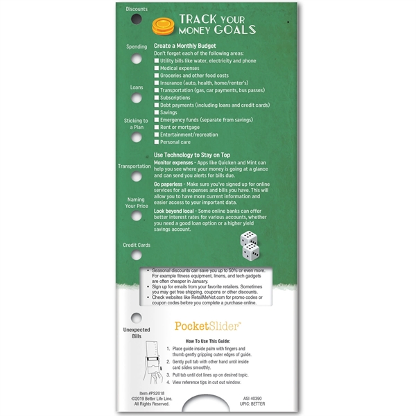 Pocket Slider™ with information on financial intelligence.... from ASI 54100 Fields Manufacturing Inc / Better Life Line