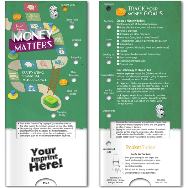 Pocket Slider™ with information on financial intelligence.... from ASI 54100 Fields Manufacturing Inc / Better Life Line