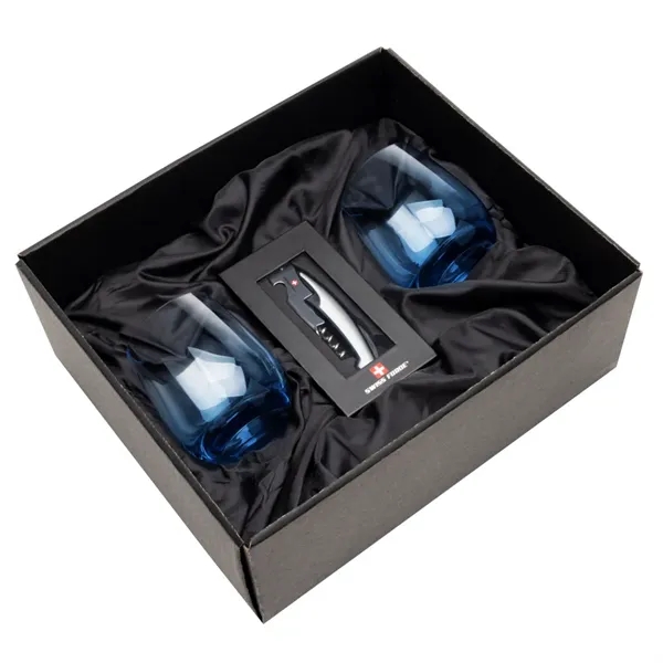 Item #BWA101-SB Swiss Force® Wine Tool & Soudan Blue Stemless Wine