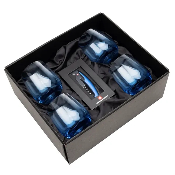 Item #BWA101-SB Swiss Force® Wine Tool & Soudan Blue Stemless Wine