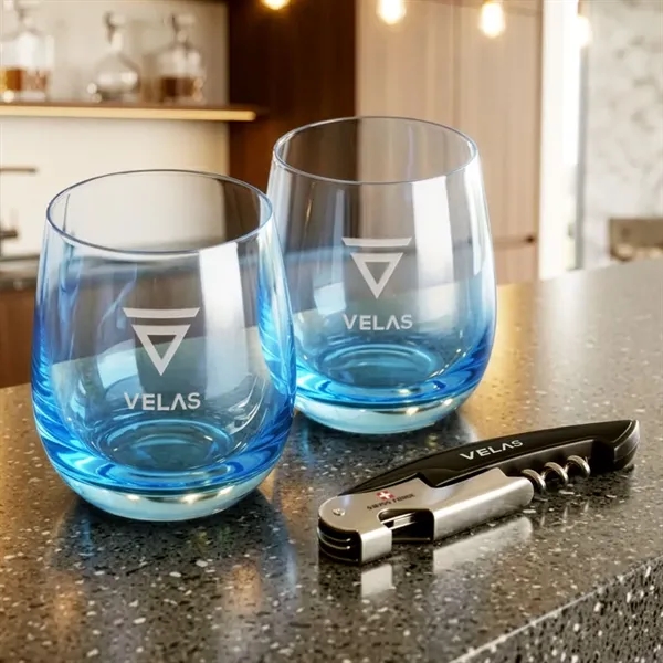 Item #BWA101-SB Swiss Force® Wine Tool & Soudan Blue Stemless Wine