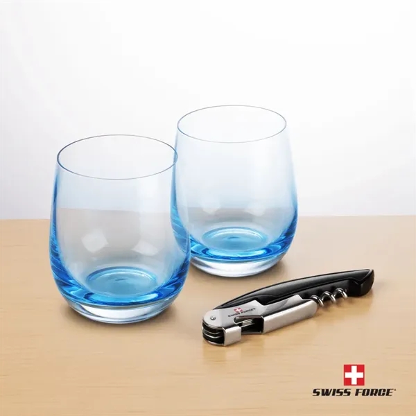 Item #BWA101-SB Swiss Force® Wine Tool & Soudan Blue Stemless Wine