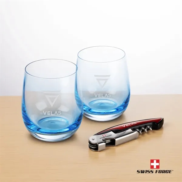 Item #BWA101-SB Swiss Force® Wine Tool & Soudan Blue Stemless Wine