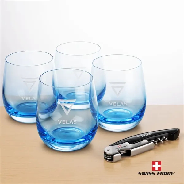 Item #BWA101-SB Swiss Force® Wine Tool & Soudan Blue Stemless Wine