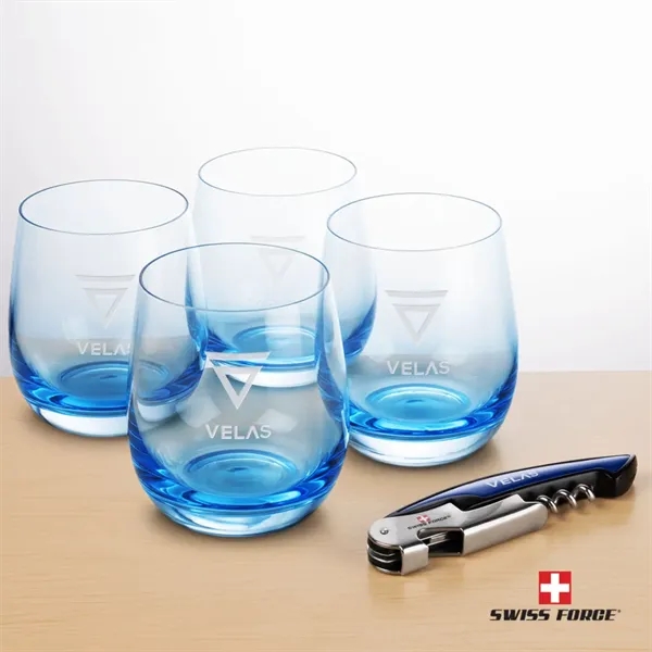 Item #BWA101-SB Swiss Force® Wine Tool & Soudan Blue Stemless Wine