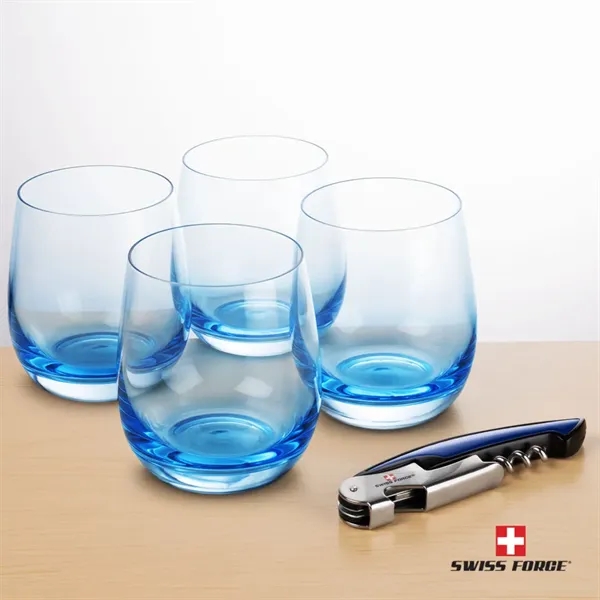 Item #BWA101-SB Swiss Force® Wine Tool & Soudan Blue Stemless Wine