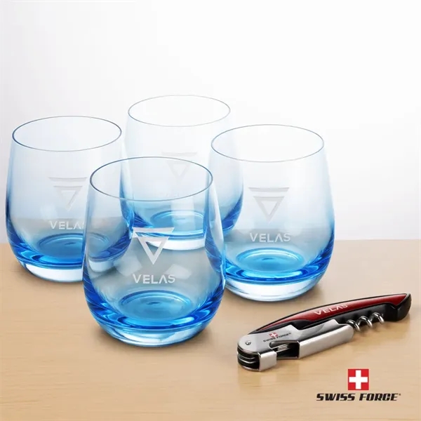 Item #BWA101-SB Swiss Force® Wine Tool & Soudan Blue Stemless Wine