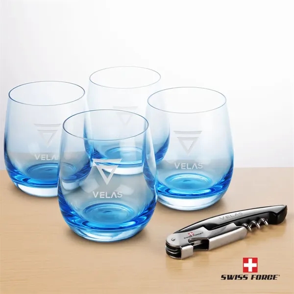 Item #BWA101-SB Swiss Force® Wine Tool & Soudan Blue Stemless Wine