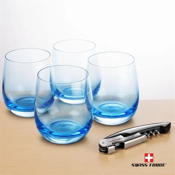 Item #BWA101-SB Swiss Force® Wine Tool & Soudan Blue Stemless Wine