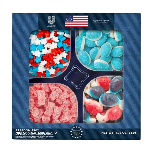 Candy charcuterie tray with 4 different patriotic candies.... from ASI 44900 NC Custom (CI/Lanco) / Chocolate Inn