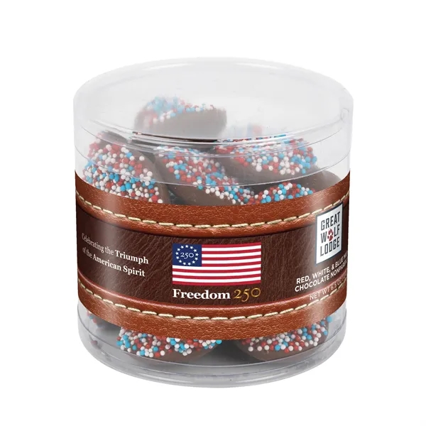 Container of patriotic chocolate nonpareils.... from ASI 44900 NC Custom (CI/Lanco) / Chocolate Inn