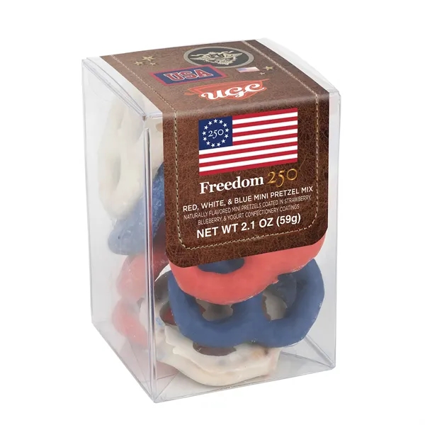 Container of patriotic chocolate mini pretzels.... from ASI 44900 NC Custom (CI/Lanco) / Chocolate Inn