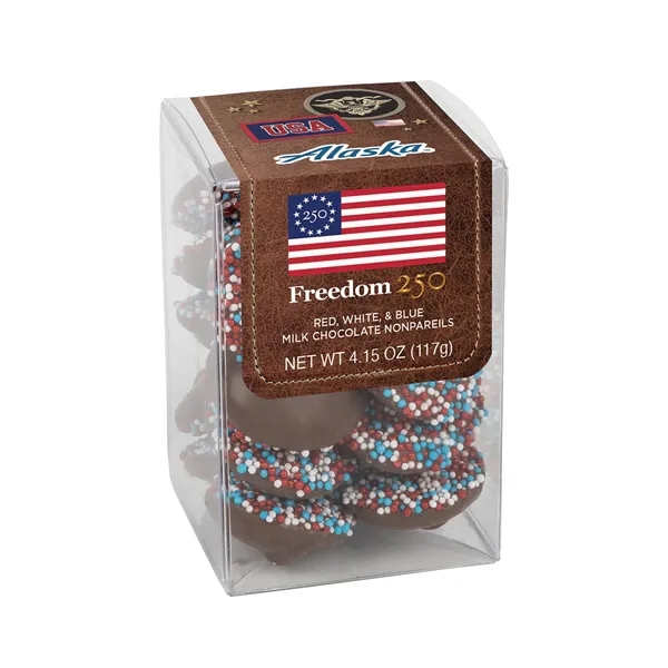 Container of patriotic chocolate nonpareils.... from ASI 44900 NC Custom (CI/Lanco) / Chocolate Inn