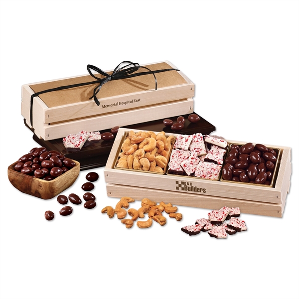 Wooden crate with cashews, peppermint bark, and chocolate almonds.... from ASI 68680 Maple Ridge Farms Inc