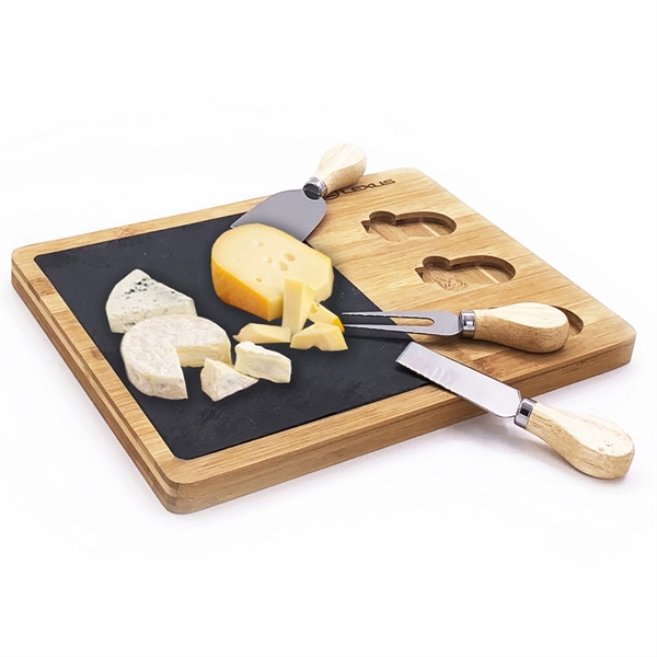 Bamboo tray with natural slate serving board; 3pcs cheese tool set... from ASI 98766 Yanlee Trading Co Ltd / Delite Promotional Products