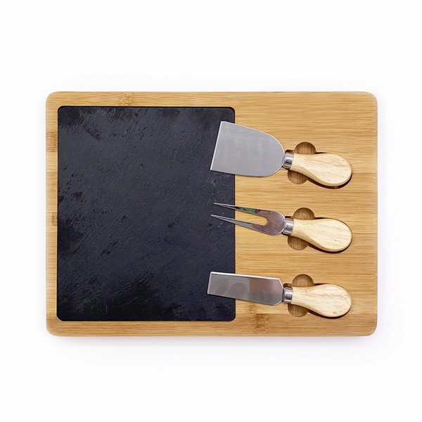 Bamboo tray with natural slate serving board; 3pcs cheese tool set... from ASI 98766 Yanlee Trading Co Ltd / Delite Promotional Products