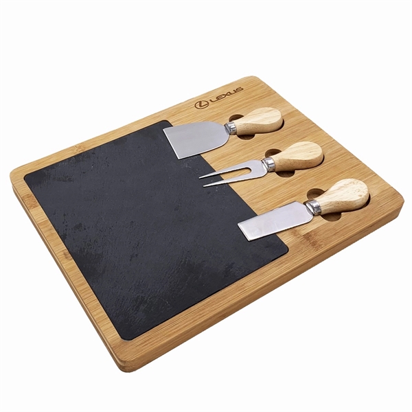 Bamboo tray with natural slate serving board; 3pcs cheese tool set... from ASI 98766 Yanlee Trading Co Ltd / Delite Promotional Products