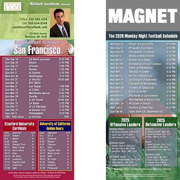 Full color pro football schedule magnets.  All professional teams available.... from ASI 46719 Corner Lot Marketing Inc / CLMPromotions