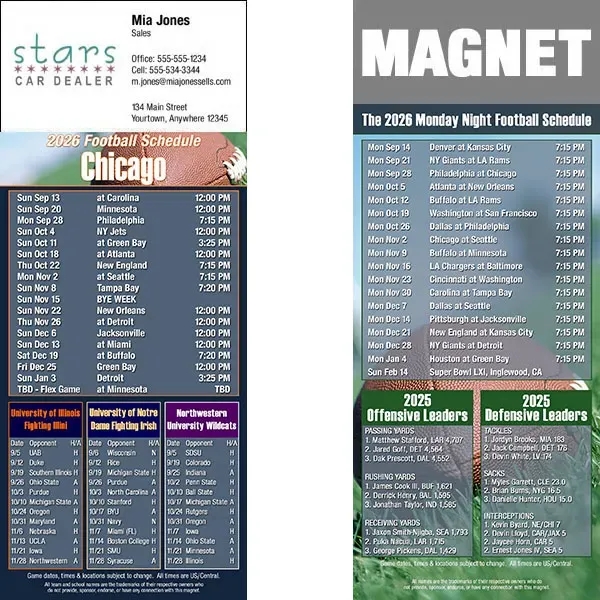Full color pro football schedule magnets.  All professional teams available.... from ASI 46719 Corner Lot Marketing Inc / CLMPromotions