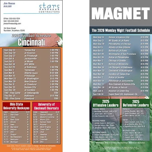 Full color pro football schedule magnets.  All professional teams available.... from ASI 46719 Corner Lot Marketing Inc / CLMPromotions