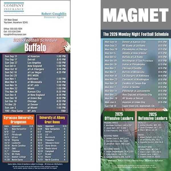Full color pro football schedule magnets.  All professional teams available.... from ASI 46719 Corner Lot Marketing Inc / CLMPromotions