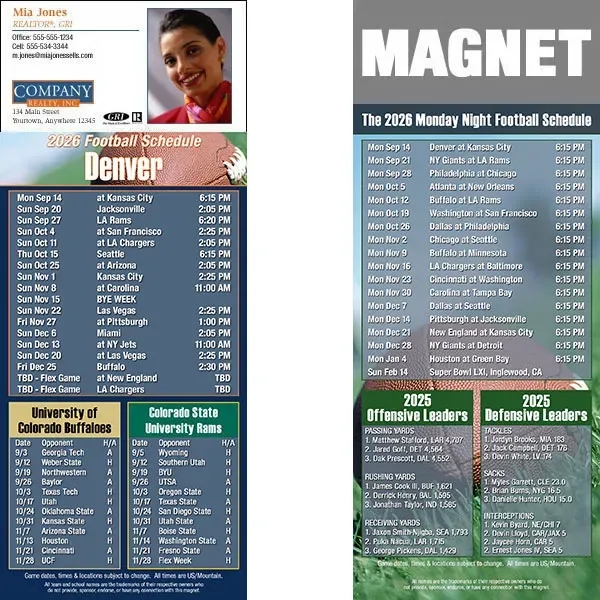 Full color pro football schedule magnets.  All professional teams available.... from ASI 46719 Corner Lot Marketing Inc / CLMPromotions