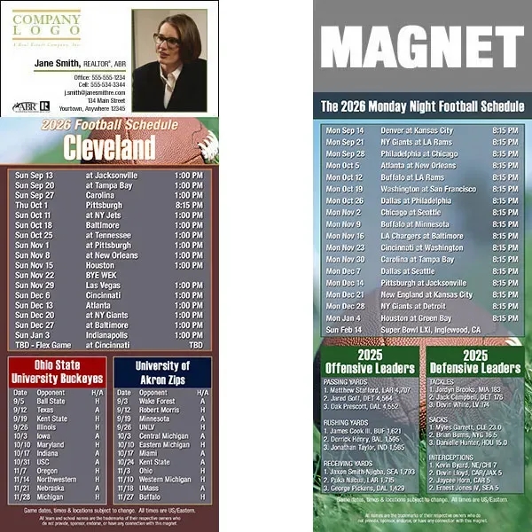 Full color pro football schedule magnets.  All professional teams available.... from ASI 46719 Corner Lot Marketing Inc / CLMPromotions