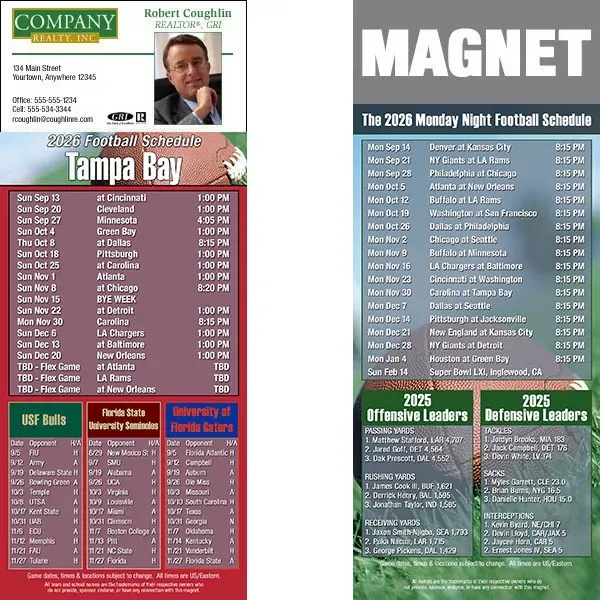 Full color pro football schedule magnets.  All professional teams available.... from ASI 46719 Corner Lot Marketing Inc / CLMPromotions