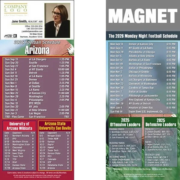 Full color pro football schedule magnets.  All professional teams available.... from ASI 46719 Corner Lot Marketing Inc / CLMPromotions