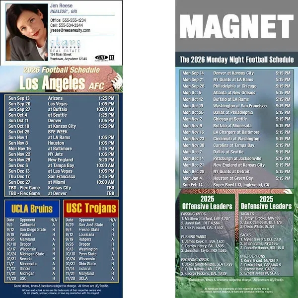 Full color pro football schedule magnets.  All professional teams available.... from ASI 46719 Corner Lot Marketing Inc / CLMPromotions