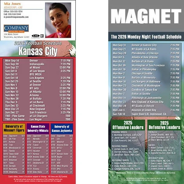 Full color pro football schedule magnets.  All professional teams available.... from ASI 46719 Corner Lot Marketing Inc / CLMPromotions