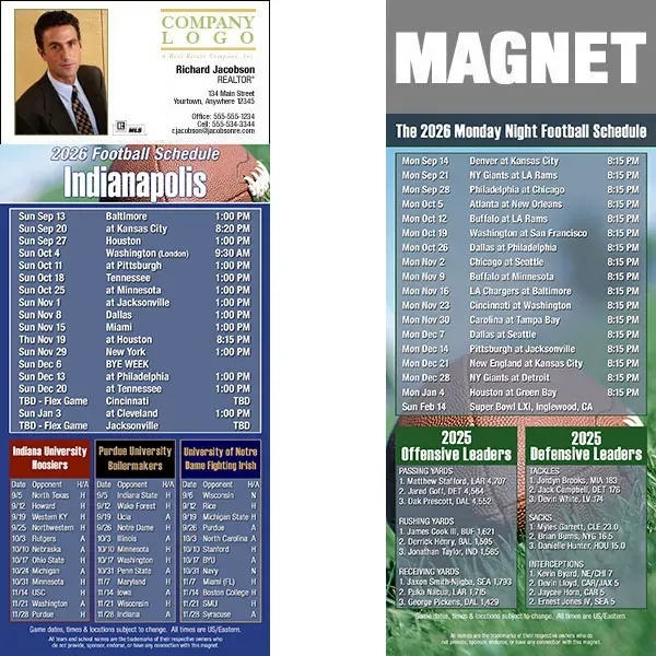 Full color pro football schedule magnets.  All professional teams available.... from ASI 46719 Corner Lot Marketing Inc / CLMPromotions