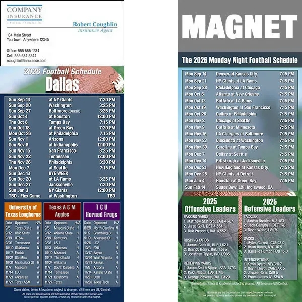 Full color pro football schedule magnets.  All professional teams available.... from ASI 46719 Corner Lot Marketing Inc / CLMPromotions