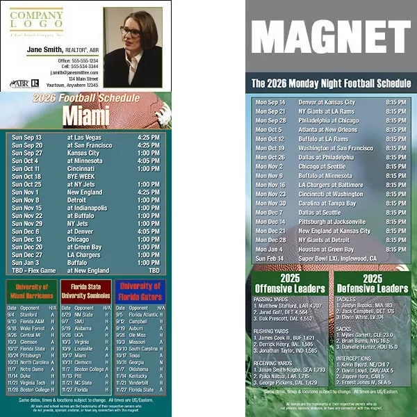 Full color pro football schedule magnets.  All professional teams available.... from ASI 46719 Corner Lot Marketing Inc / CLMPromotions