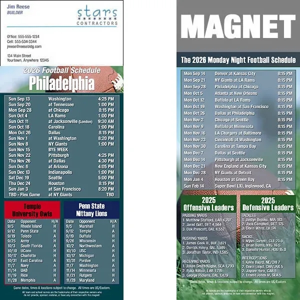 Full color pro football schedule magnets.  All professional teams available.... from ASI 46719 Corner Lot Marketing Inc / CLMPromotions