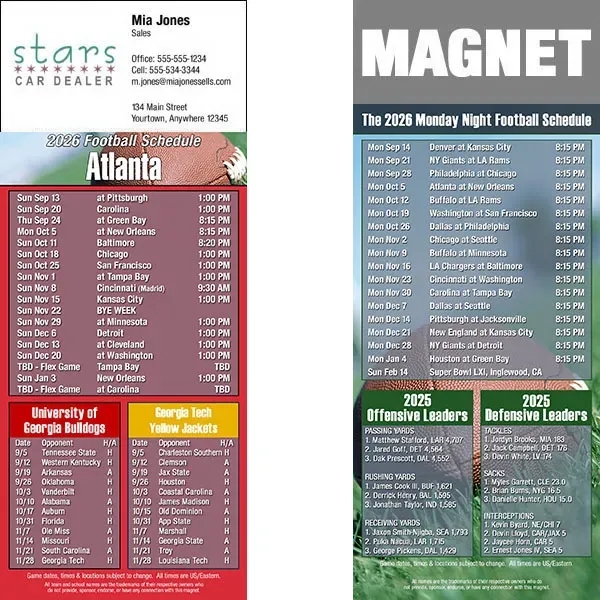 Full color pro football schedule magnets.  All professional teams available.... from ASI 46719 Corner Lot Marketing Inc / CLMPromotions