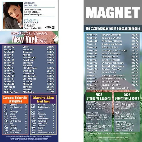 Full color pro football schedule magnets.  All professional teams available.... from ASI 46719 Corner Lot Marketing Inc / CLMPromotions