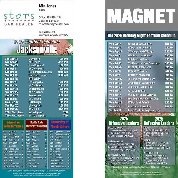 Full color pro football schedule magnets.  All professional teams available.... from ASI 46719 Corner Lot Marketing Inc / CLMPromotions