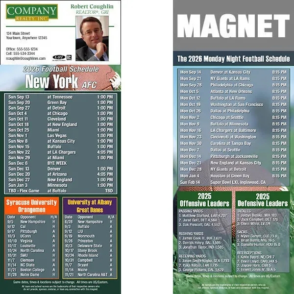 Full color pro football schedule magnets.  All professional teams available.... from ASI 46719 Corner Lot Marketing Inc / CLMPromotions