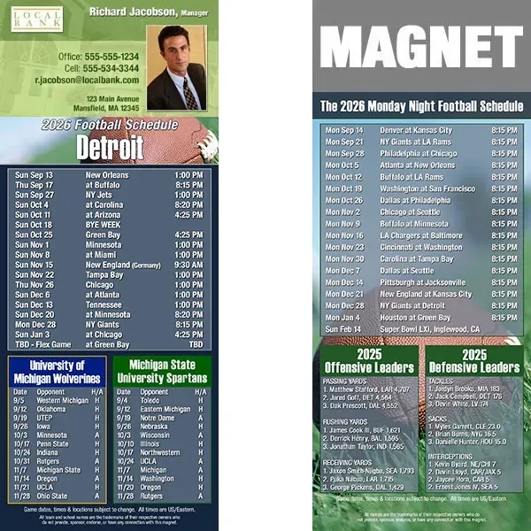 Full color pro football schedule magnets.  All professional teams available.... from ASI 46719 Corner Lot Marketing Inc / CLMPromotions