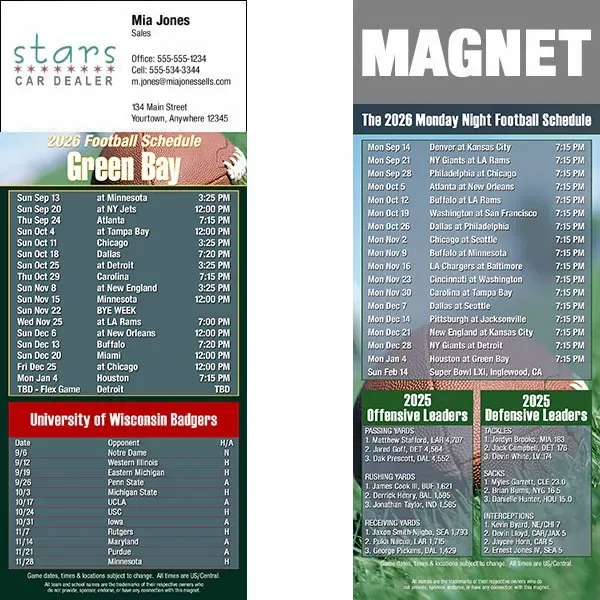 Full color pro football schedule magnets.  All professional teams available.... from ASI 46719 Corner Lot Marketing Inc / CLMPromotions