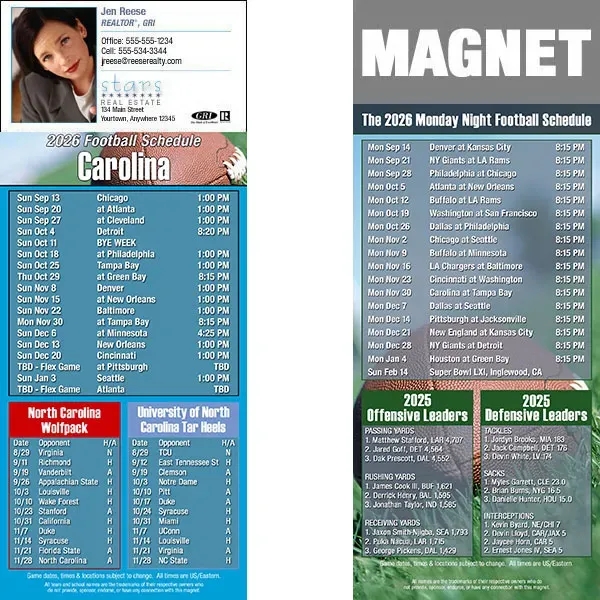 Full color pro football schedule magnets.  All professional teams available.... from ASI 46719 Corner Lot Marketing Inc / CLMPromotions