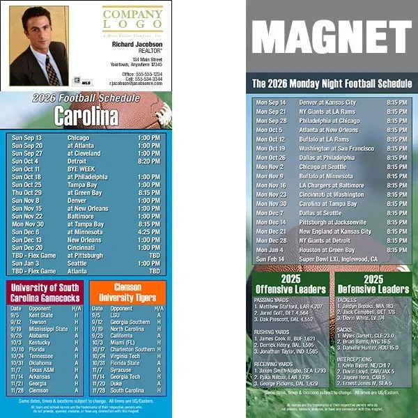 Full color pro football schedule magnets.  All professional teams available.... from ASI 46719 Corner Lot Marketing Inc / CLMPromotions