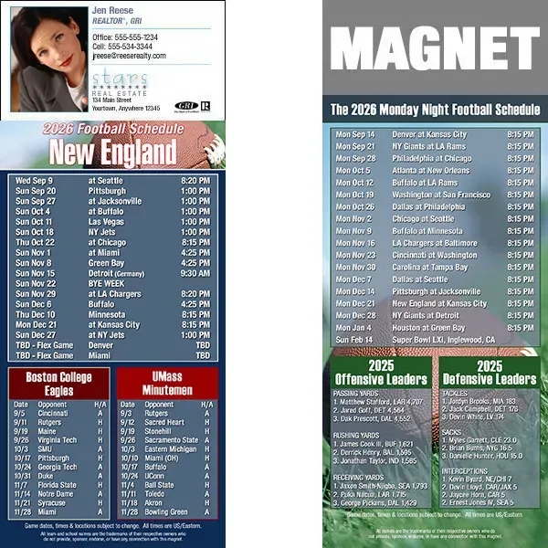 Full color pro football schedule magnets.  All professional teams available.... from ASI 46719 Corner Lot Marketing Inc / CLMPromotions