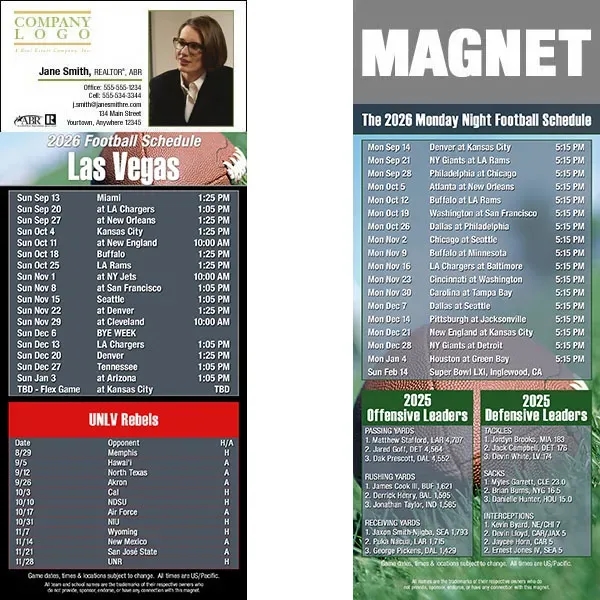 Full color pro football schedule magnets.  All professional teams available.... from ASI 46719 Corner Lot Marketing Inc / CLMPromotions