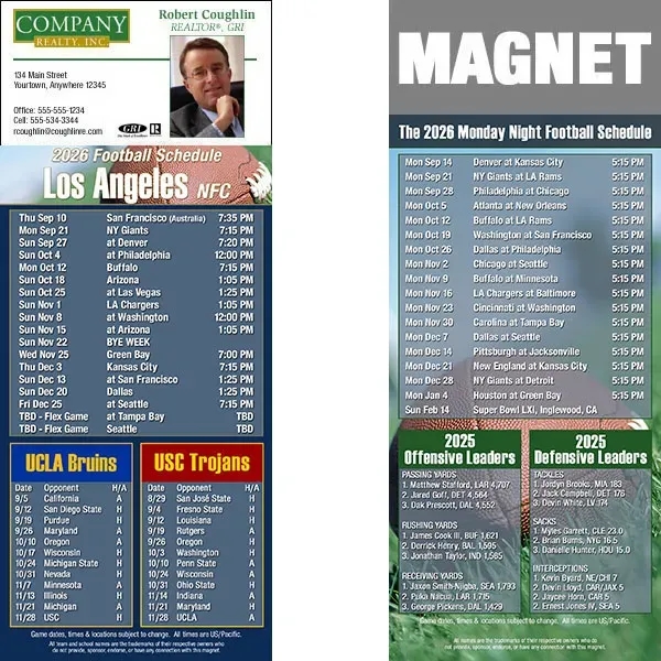 Full color pro football schedule magnets.  All professional teams available.... from ASI 46719 Corner Lot Marketing Inc / CLMPromotions