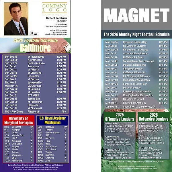Full color pro football schedule magnets.  All professional teams available.... from ASI 46719 Corner Lot Marketing Inc / CLMPromotions