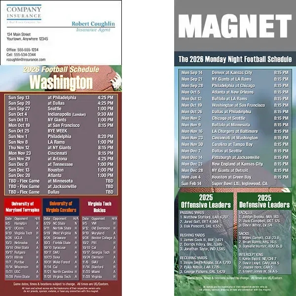 Full color pro football schedule magnets.  All professional teams available.... from ASI 46719 Corner Lot Marketing Inc / CLMPromotions