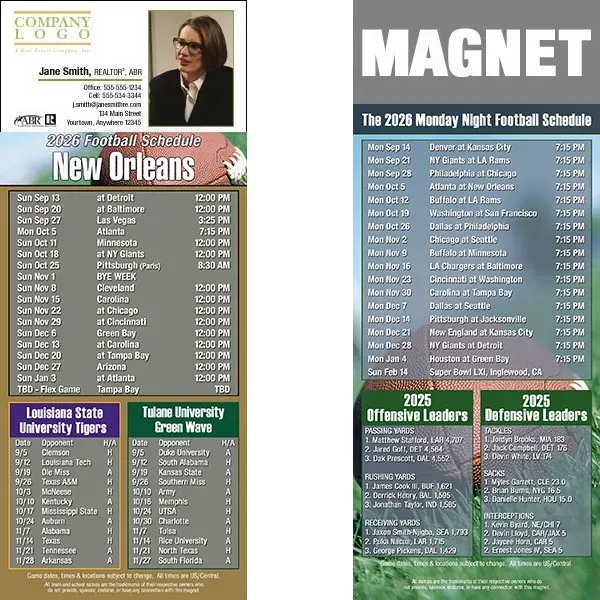 Full color pro football schedule magnets.  All professional teams available.... from ASI 46719 Corner Lot Marketing Inc / CLMPromotions