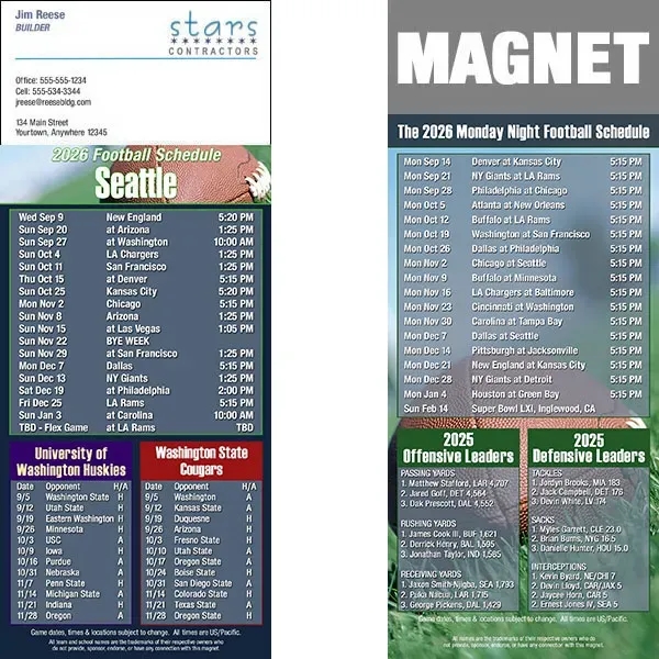 Full color pro football schedule magnets.  All professional teams available.... from ASI 46719 Corner Lot Marketing Inc / CLMPromotions
